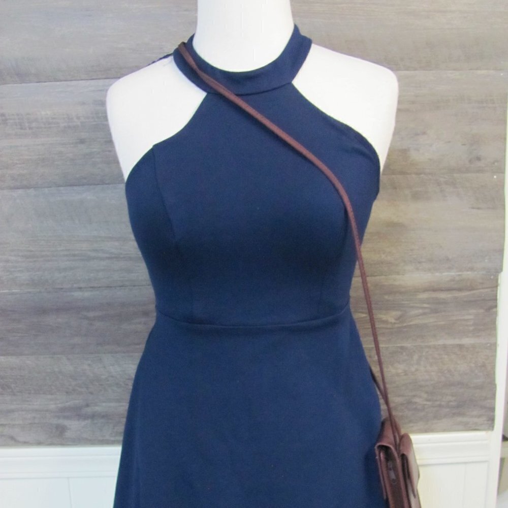 LULUS‎ NAVY BLUE SKATER DRESS EYELASH LACE TRIM